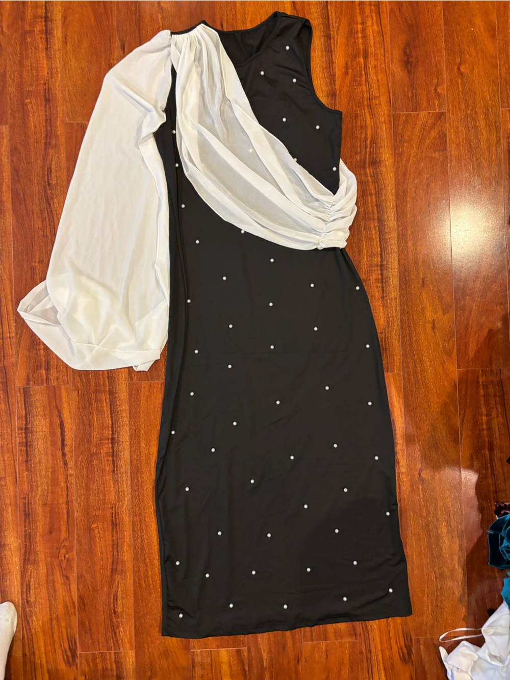 SHEIN Black Sheath Dress with White Draped Sleeve and Pearl Dots